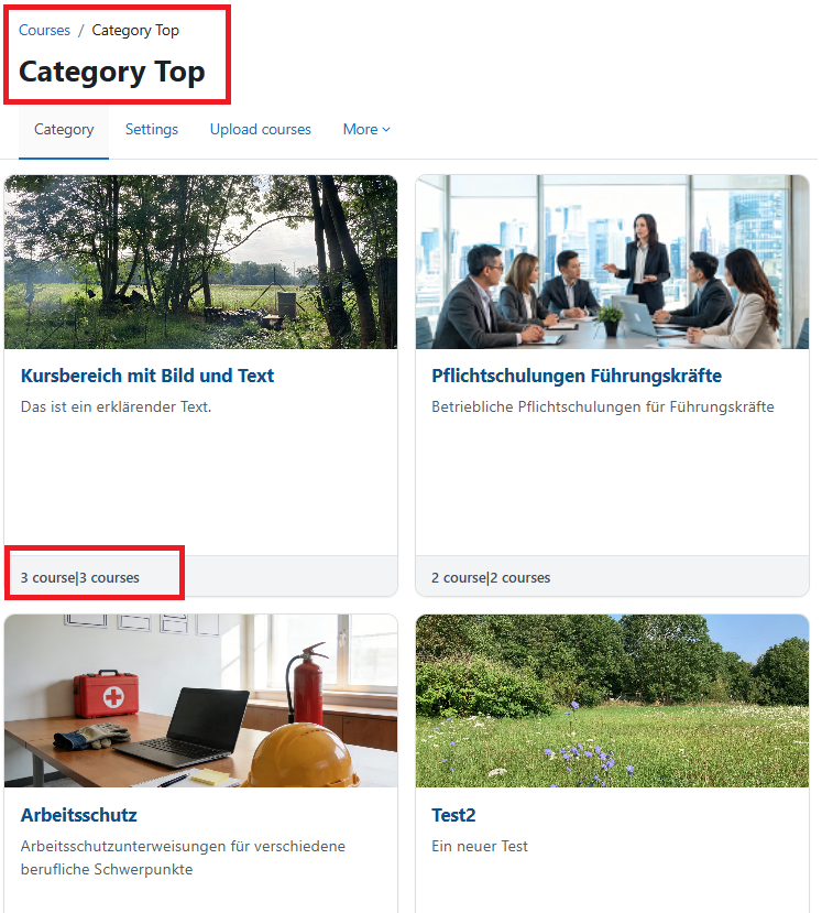 Categories and Courses displayed as tiles at a category