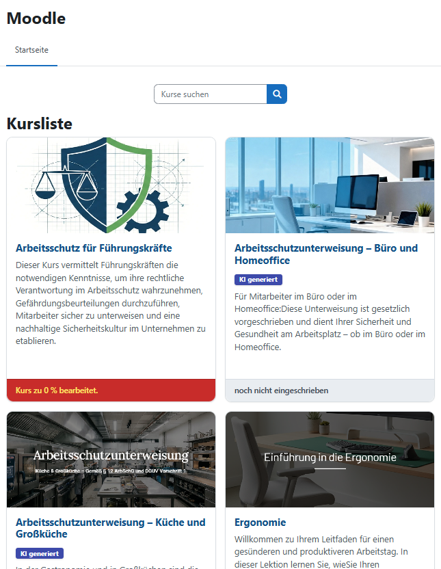 Courses displayed as tiles at Home page