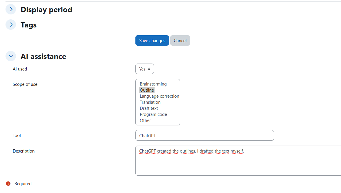 Student indicates level of AI support for submission I