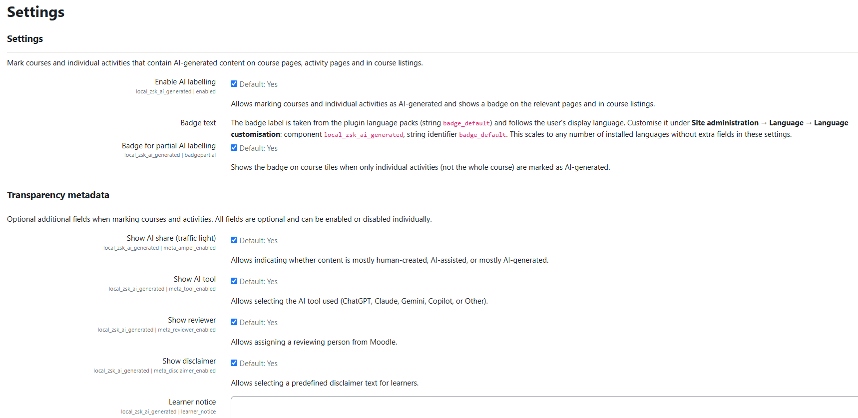 AI labelling settings