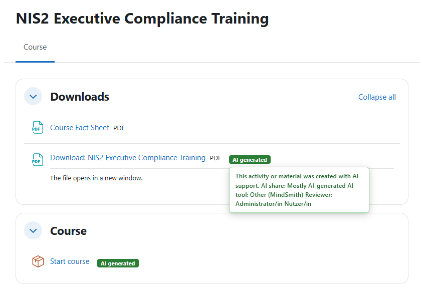 Course activity marked as generated with AI