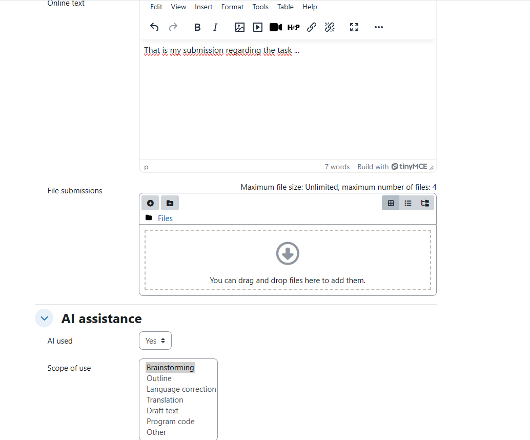 Student indicates level of AI support for submission II