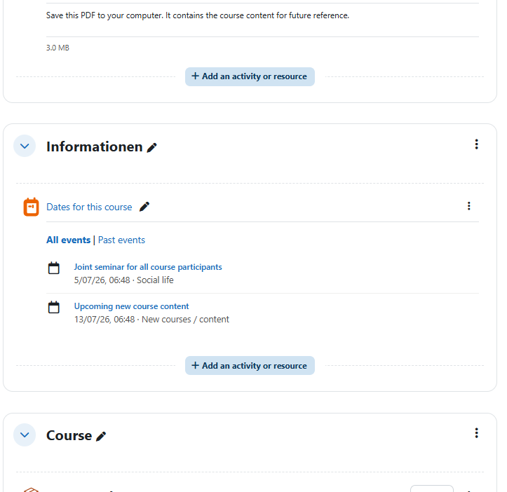 Upcoming events on a course page